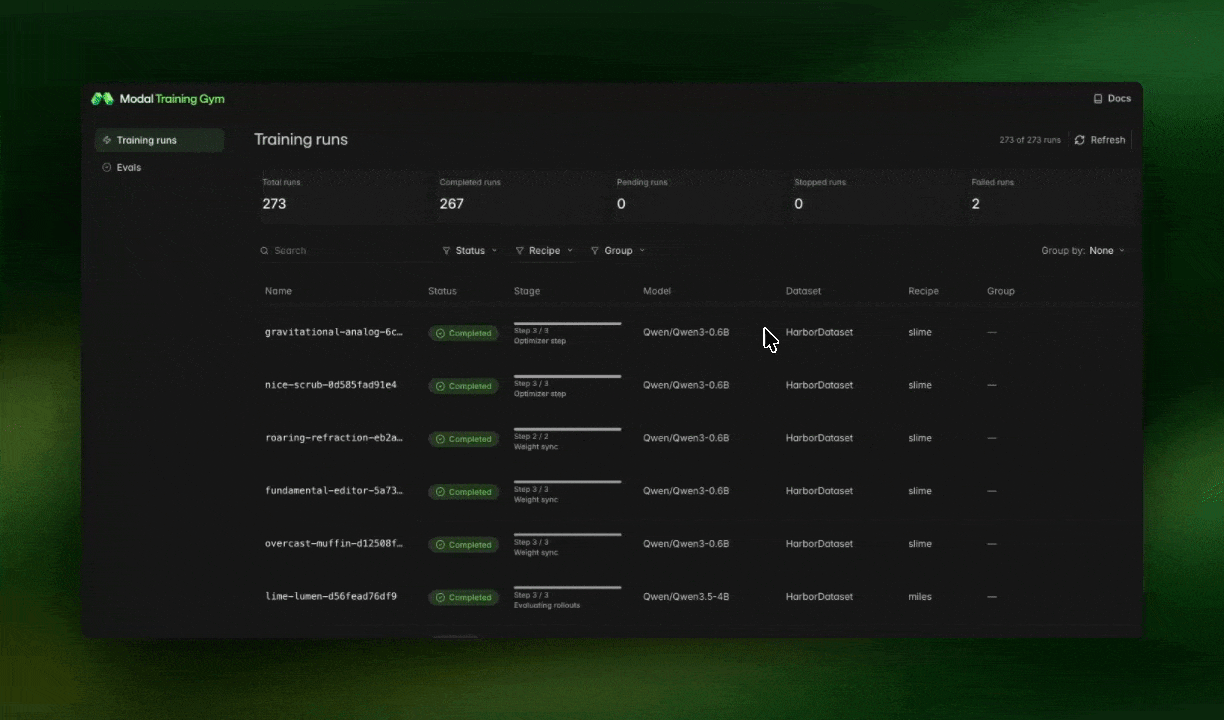 Training runs list in the Modal Dojo dashboard