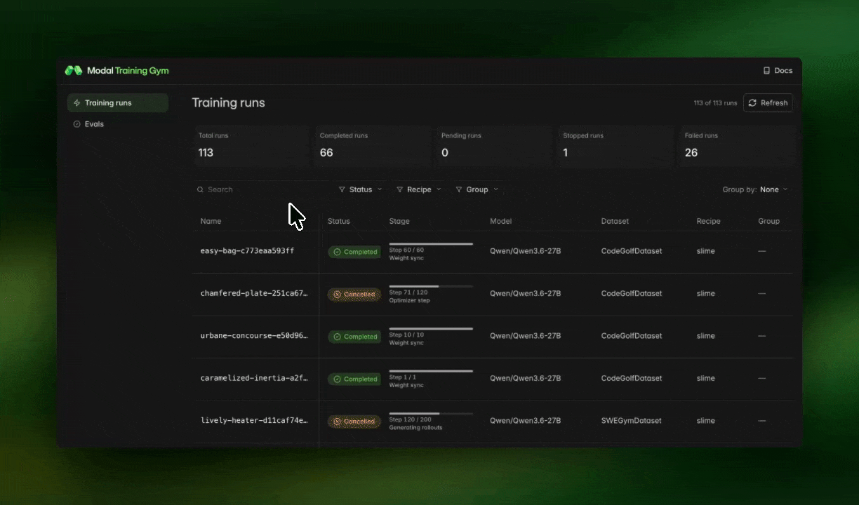 Long-running training run details in the Modal Dojo dashboard