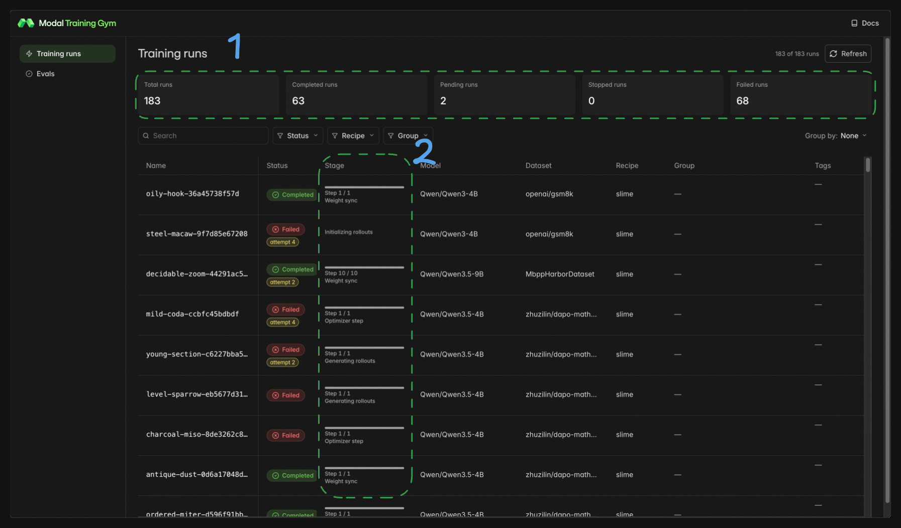 Training runs list with annotated components