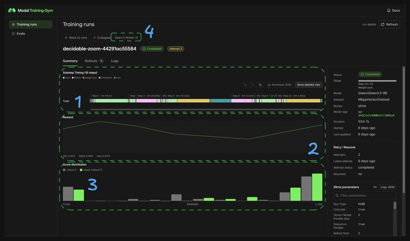 Run summary view with annotated components