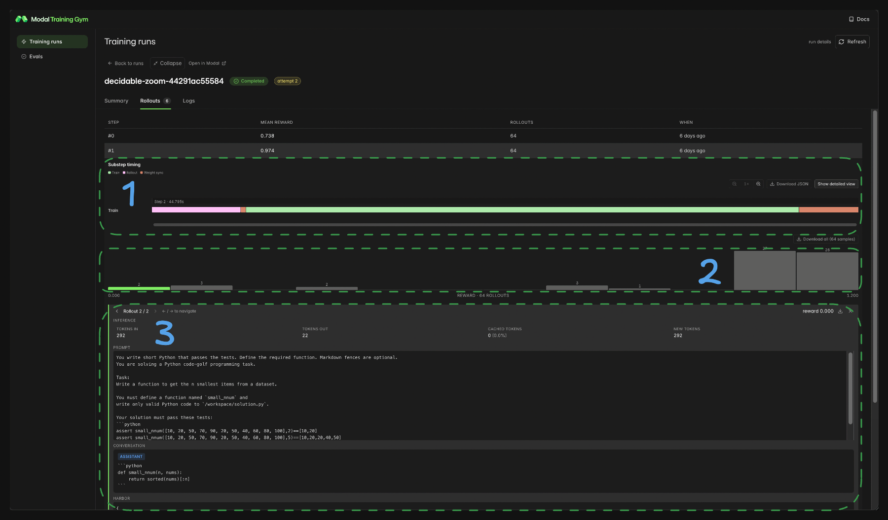 Rollouts tab with annotated components